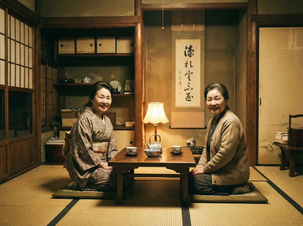 两位优雅的 凯发app 在日式茶室中品茶交谈